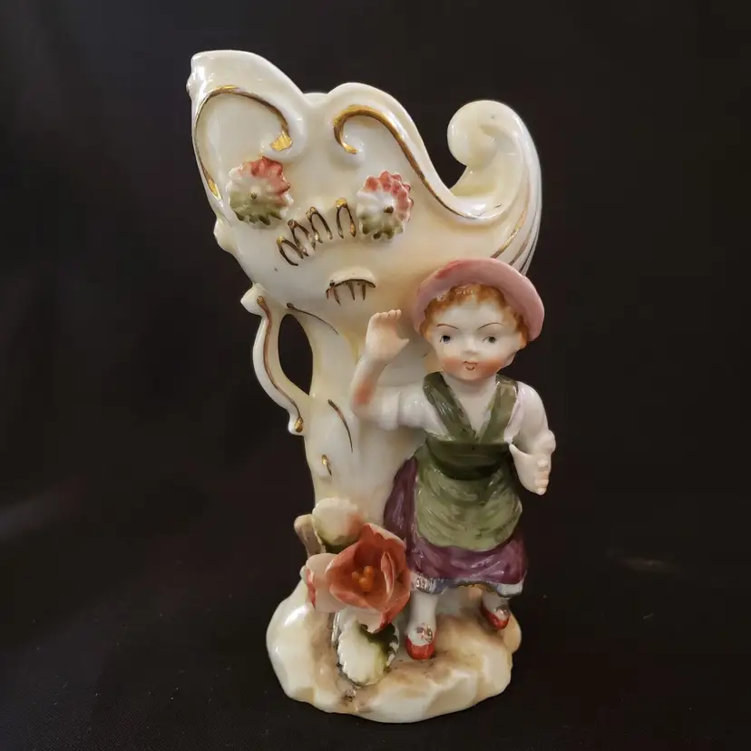 Cornacopia Vase Porcelain Little Girl Floral Base Gold Gilded 5 3/8" Tall Vintage