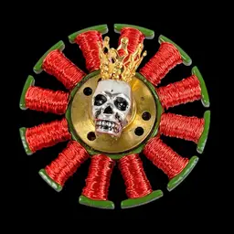 Skull King Reinvented Brooch Pin. 1-5/8” Diameter. Recycled e-waste. VCR parts; Vibrant Red Wire Stator. Handmade by me 🫶