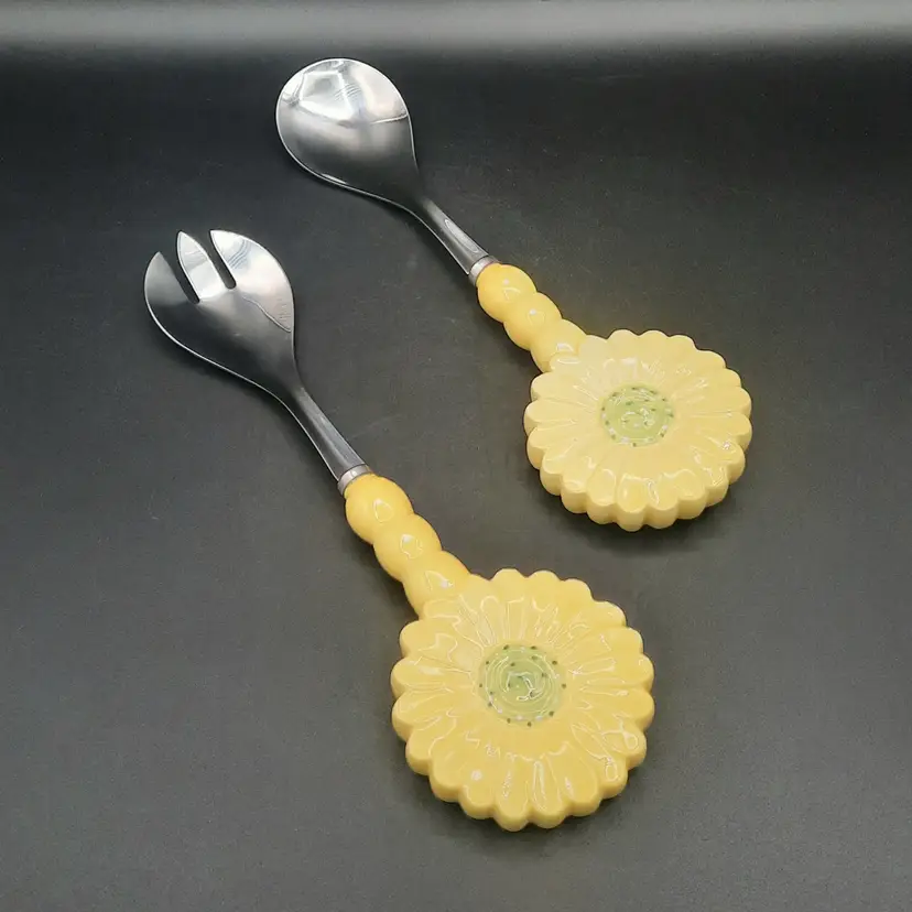 Yellow Daisy Salad Servers Ceramic Stainless Steel Set of 2 Fork Spoon