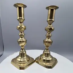 Vintage Brass Candlesticks 8" Tall Beehive Diamond Knop Design With Hex Base