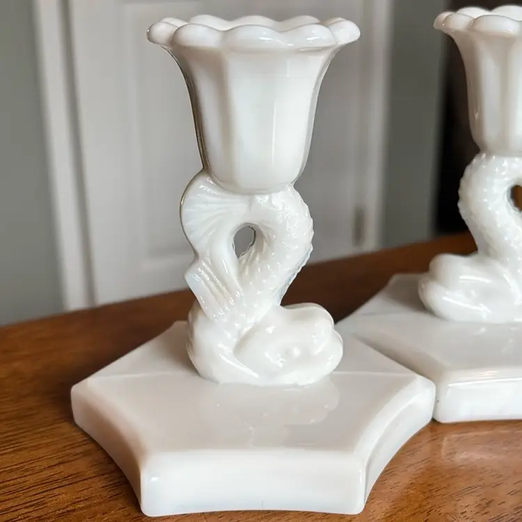 Milk Glass Koi Candlestick Pair