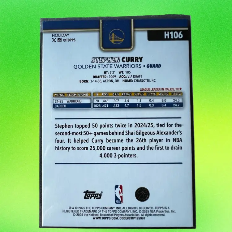 Steph Curry 2025 Topps Stocking Stuffer Metallic Holly