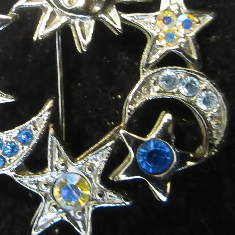 Vintage Silver Tone Metal with AB & Blue Rhinestones Star, Moon, & Sun Brooch Pin - 1.25 Inches