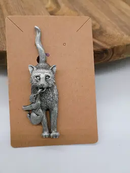 Vintage JJ Jonette Jewelry Pewter Cat Carrying Kitten Pin Brooch Signed.