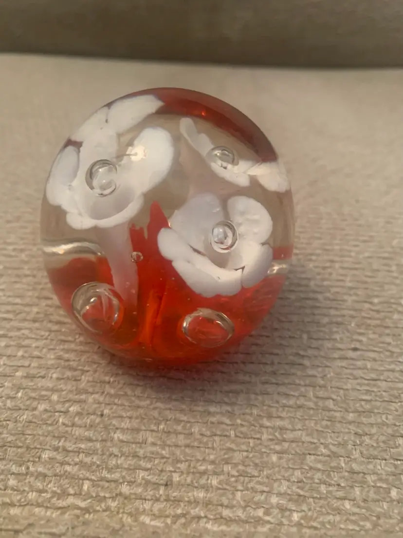 Paperweight With White Flowers And Orange Base