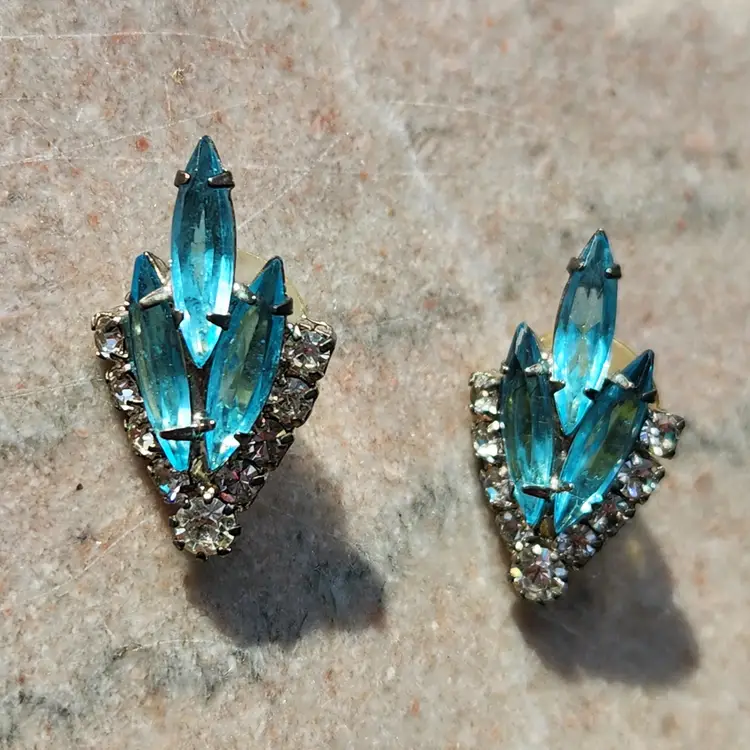 Aquamarine Crystal & Rhinestone Post Earrings Pierced Ears Aqua Vintage Art Deco Costume Jewelry + Gift Box