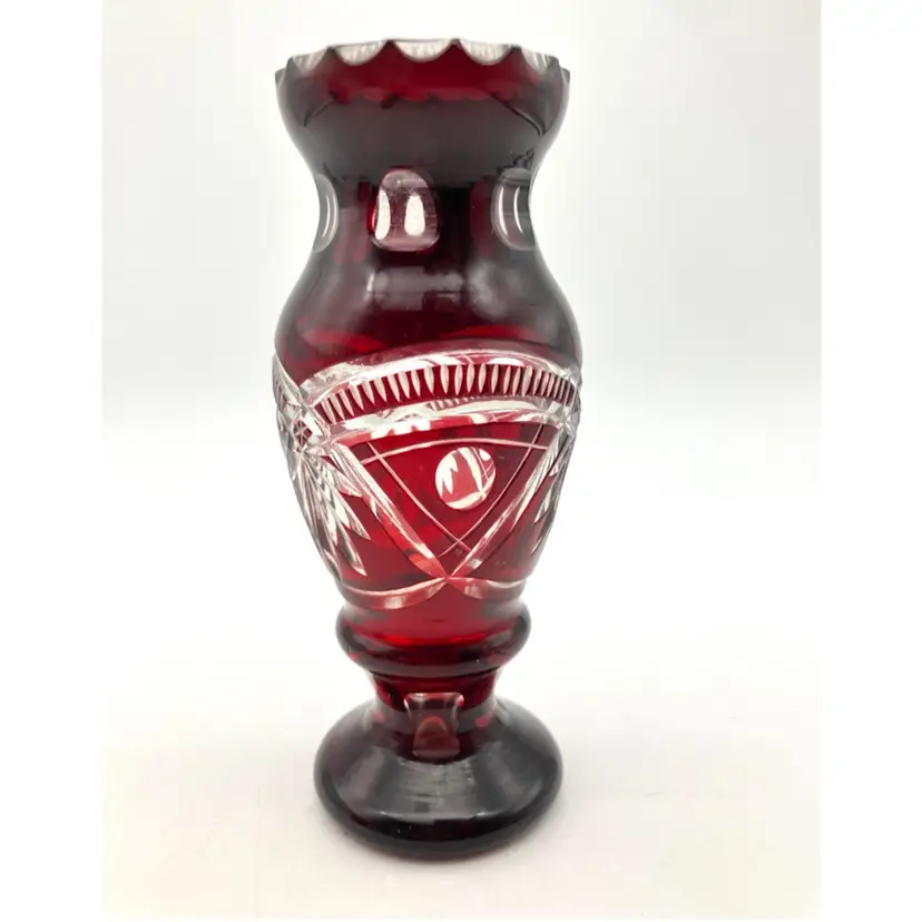 BIN - Bohemian Cranberry Cut To Clear Bud Vase 4.75”