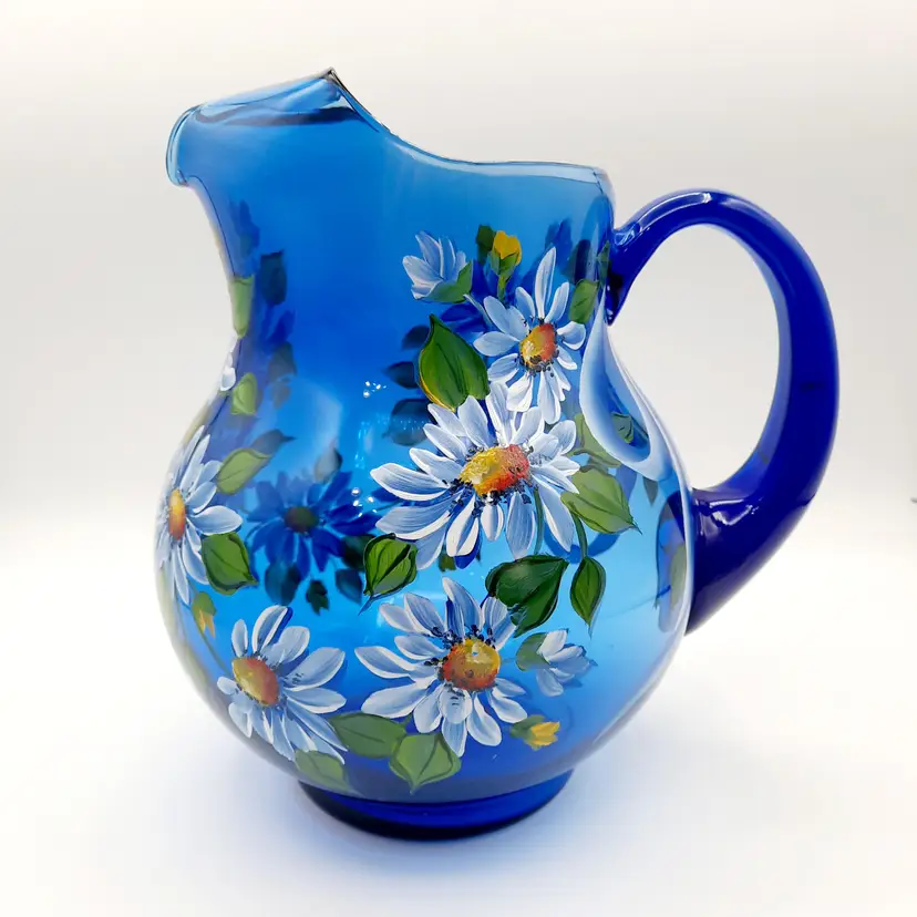 Cobalt Blue Glass Thornberry's Pitcher Handpainted Daisy Flower Bow Design