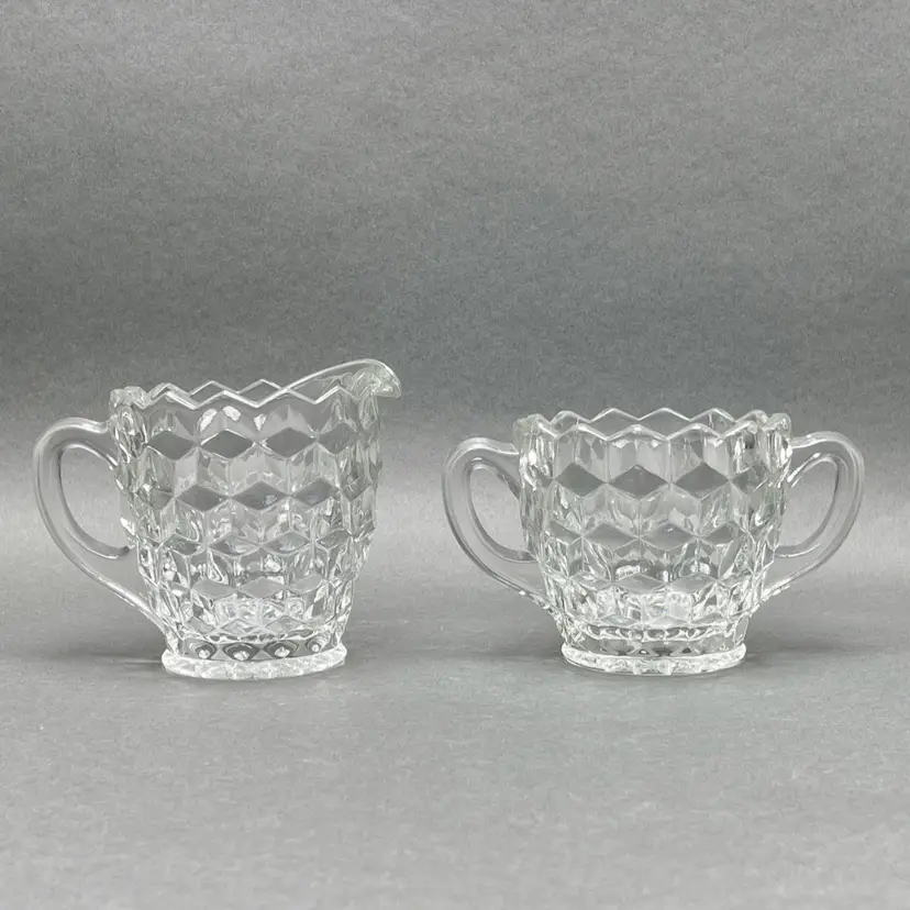 Vintage Fostoria American Block Optic Glass Creamer and Open Sugar Dish c. 1950's