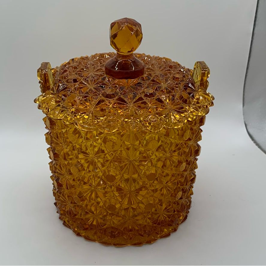 FENTON AMBER DAISY AND BUTTON ICE BUCKET STYLE LIDDED CANDY DISH