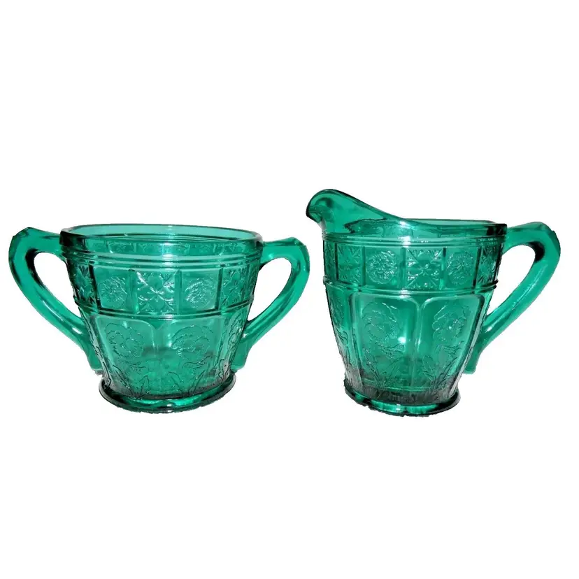 Jeannette Glass Ultramarine Doric & Pansy Reg Size Creamer & Open Sugar, RARE!