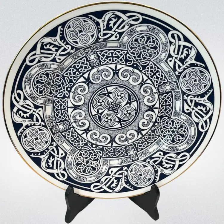 1996 Celtic Art Plate – “The Haven” By Anne Bowyer For Nexus Design- England, Limited Edition Numbered 390/1000 – 11” Bone China- Navy, White, Gold Rim