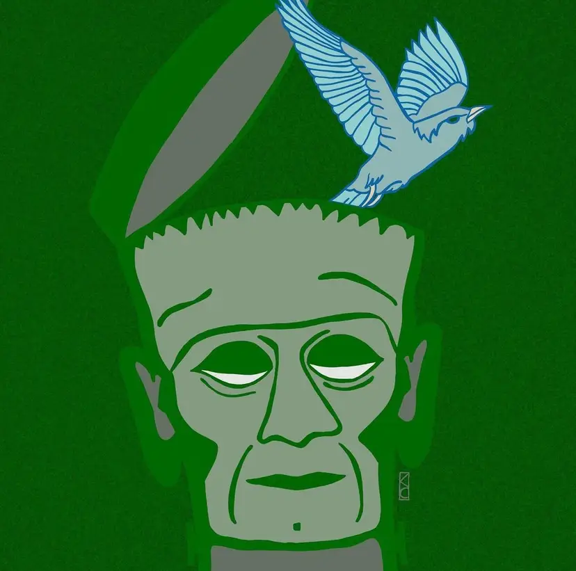 MADE BY ME: 8x8 Archival Print Of My Digital Artwork- “Bird Brain” Frankenstein - It Has A Bird On It. Halloween Or Every Day Wall Art. Great For Gallery Wall. Created On My iPad Using Procreate - Not AI.
