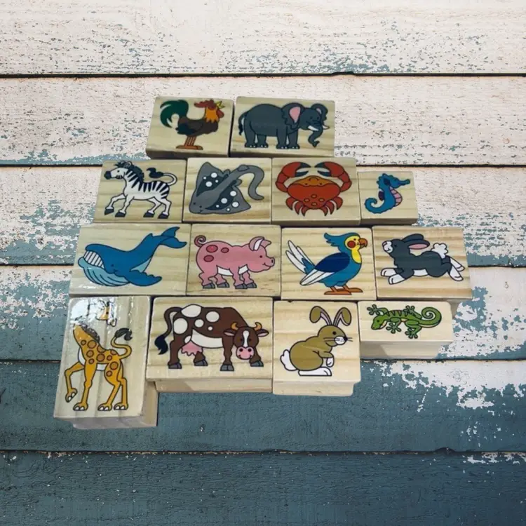 Mixed Lot Of 14 Craft Wooden Animal Stamps Crafting Supplies