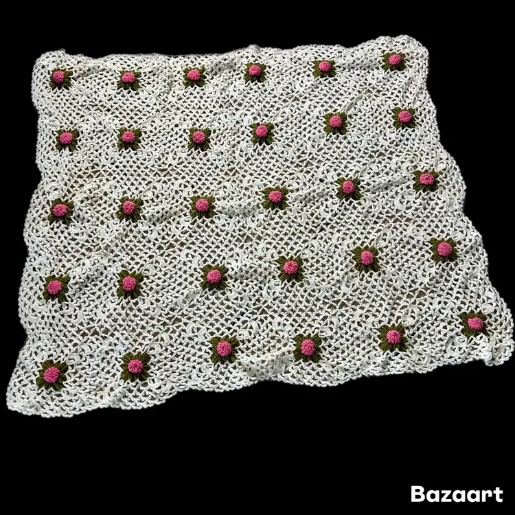 Vintage 3D Crocheted Reversible Floral Throw