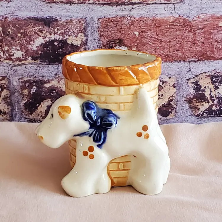 Occupied Japan 3" Tall Terrier Planter/ Make Up Brush Storage-Good Condition