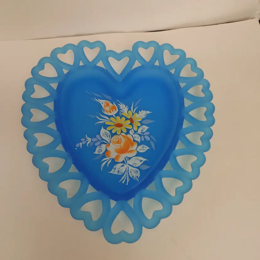 Westmoreland Blue Mist Satin glass heart-shaped trinket dish with floral spray design. 1970's. No chips. 7.5 x 8.