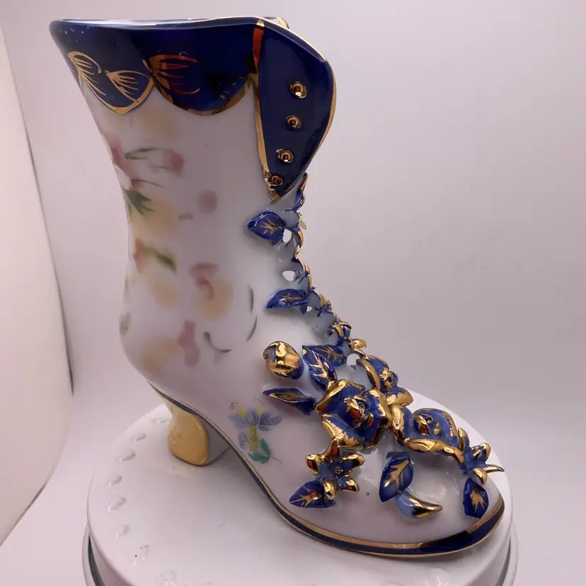POW3 VTG Limoges China Hand Painted Porcelain Victorian Boot Blue & Gold Floral 4.5”