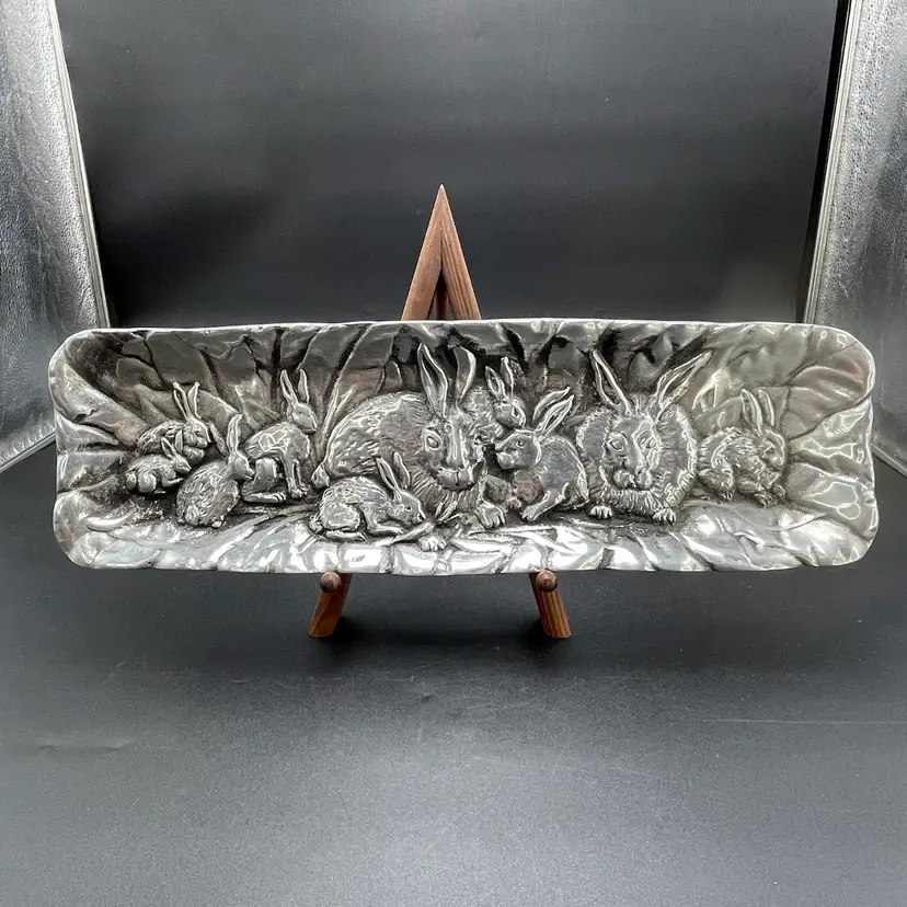 Pressed Aluminum Bunny Rabbit Family Tray Serving Platter Mexico Easter Spring