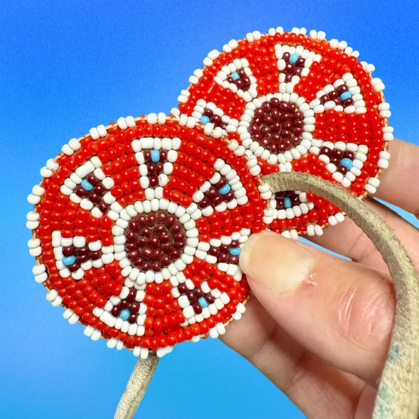 Southwestern Handmade Glass Beaded Hair Ties Poneytail Holders Leather Backs, 2”