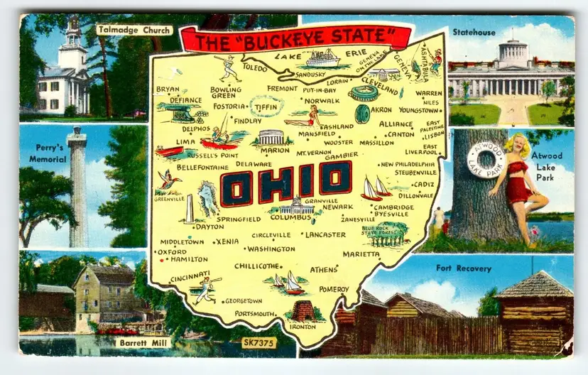 Ohio Map Postcard Chrome Atwood State Park Swim Suit Lady Fort Recovery 1958