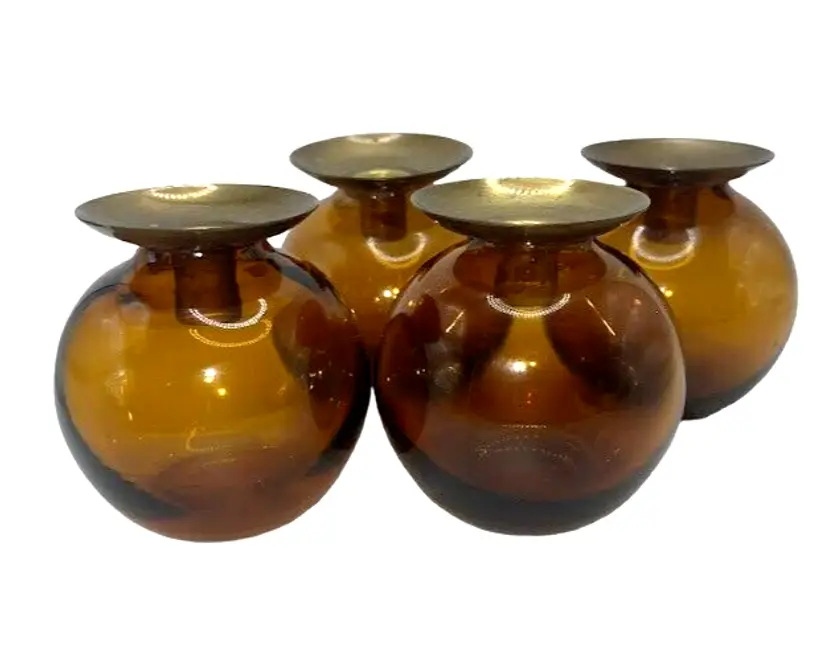 Vtg MCM Lindshammar Swedish Amber Glass Lightball Candlestick Holders Set of 4