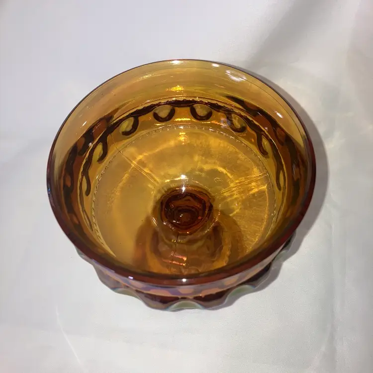 Vintage Indiana Carnival Glass Irridescent Amber Kings Crown Pedestal Compote