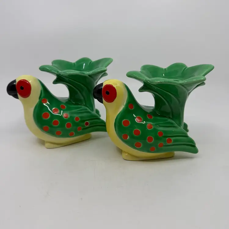 Vintage Fitz And Floyd 2 Piece Parrot Shaped Taper Candle Holders Tropical Colorful And Whimsical Maker’s Mark