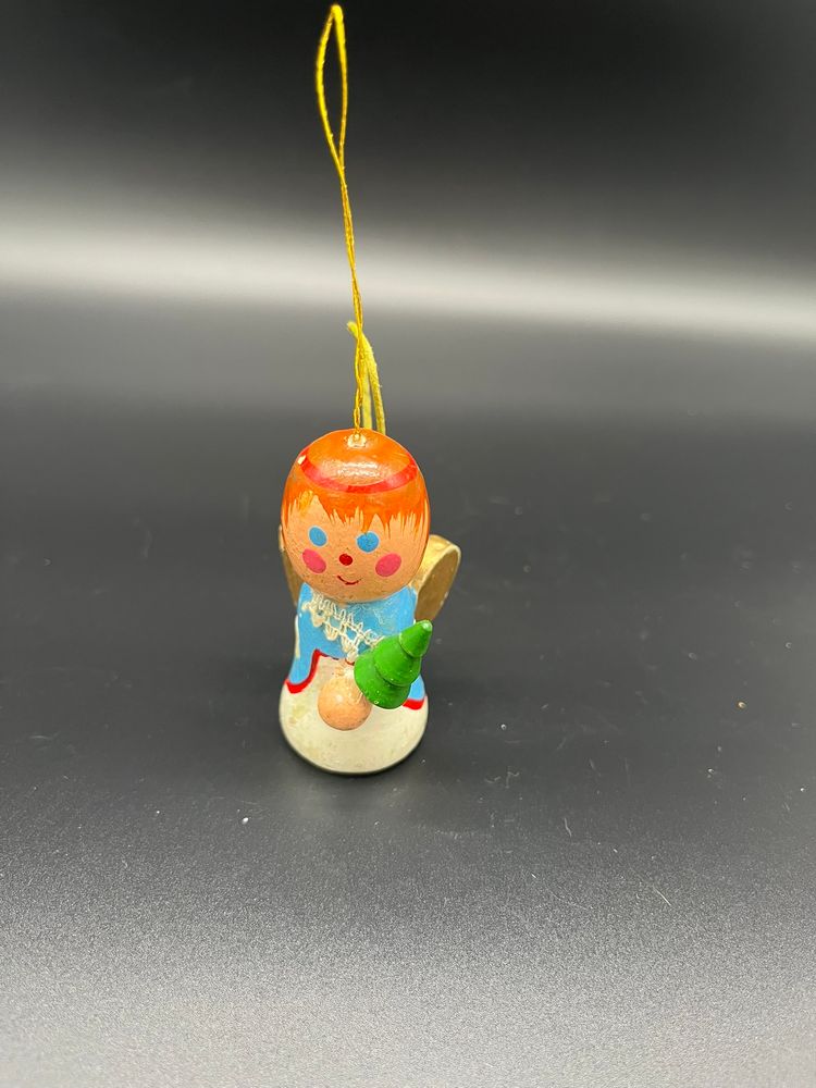 Vintage Wooden Christmas Ornament - Hand-Painted Angel Holding Tree, Folk Art Holiday Decor