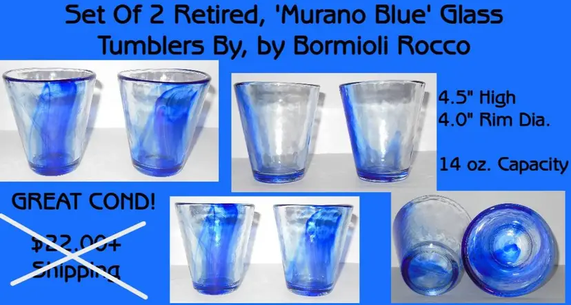 Set of 2 Retired Bormeoli Rocco 'Murano Blue' Tumblers