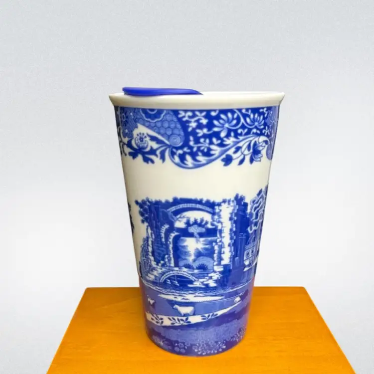 Spode Blue & White Italian Travel Mug Ceramic Plastic Lid 
5-1/4” x 3-1/2”