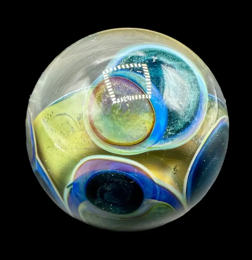 Contemporary Handmade Art Glass Marble 1.23" Blue Green Purple Planet Crackle