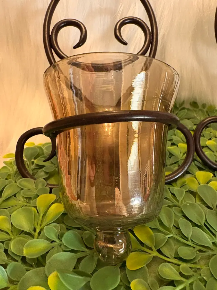 Espresso Metal Wall Sconce Pair w/original Bell Amber Slag Glass Candle Cups