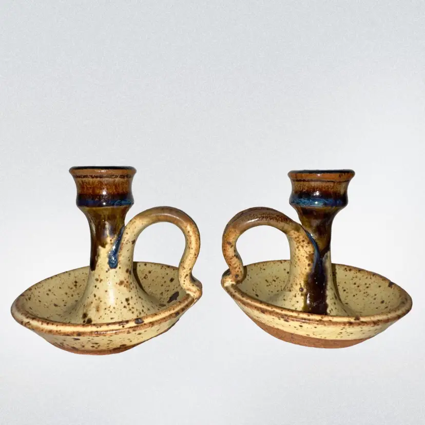 Handmade Art Pottery Candle Stick Holder With Handle Unsigned ~ pair