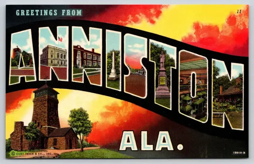 Postcard Greetings from Anniston Alabama Large Letter Fiery Skies - 11151