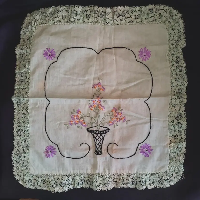 Doily Hand Embroidered Flower Basket  w/ Lace Edge 14 3/4" long 13 3/4" wide Vintage