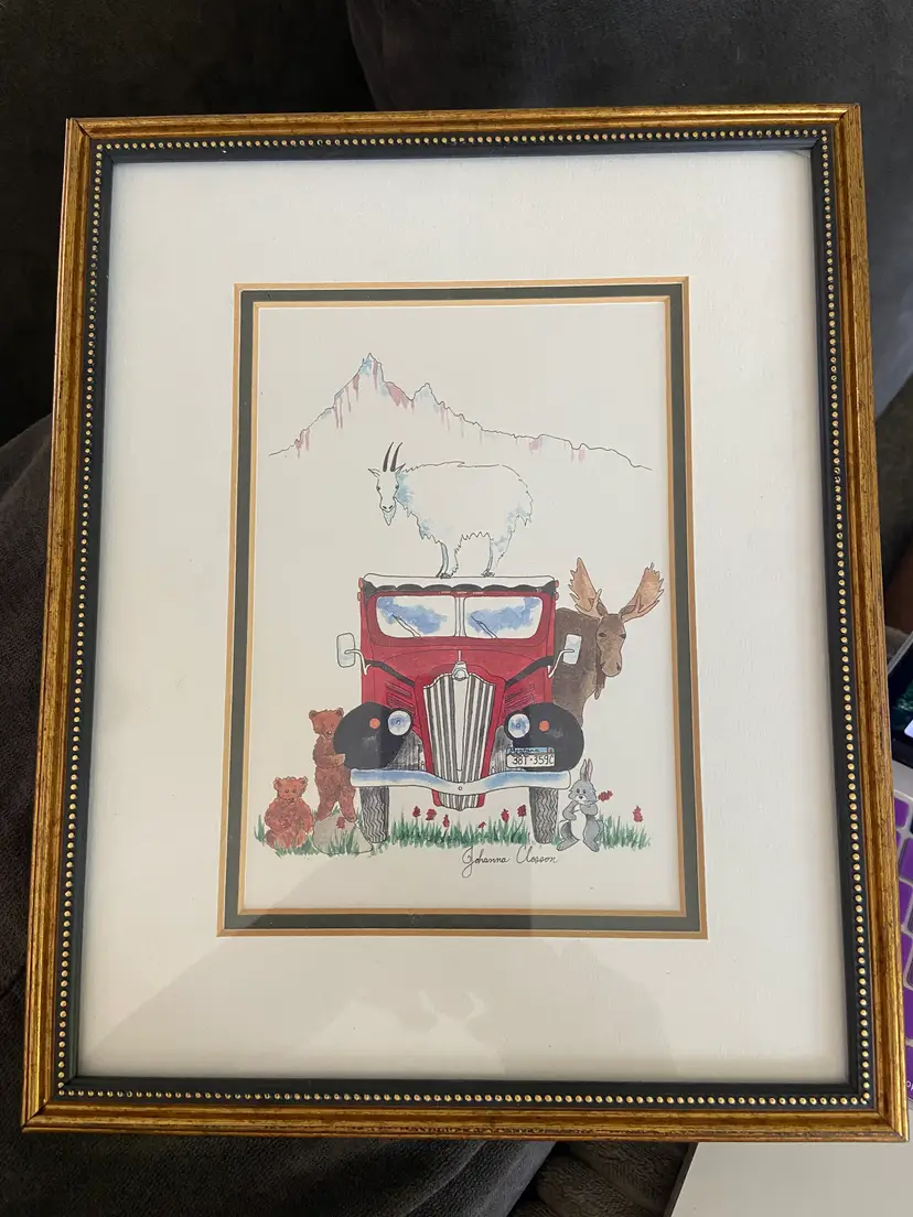 Whimsical Framed & Matted Watercolor by Johanna Closson of Whitefishh, MT, Red Car With Goat, Moose, Rabbit & Bears, 9x11