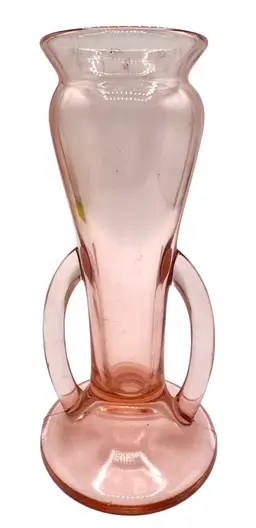 Vintage Pink Depression Glass Vase Art Deco Handles Round 8.25”