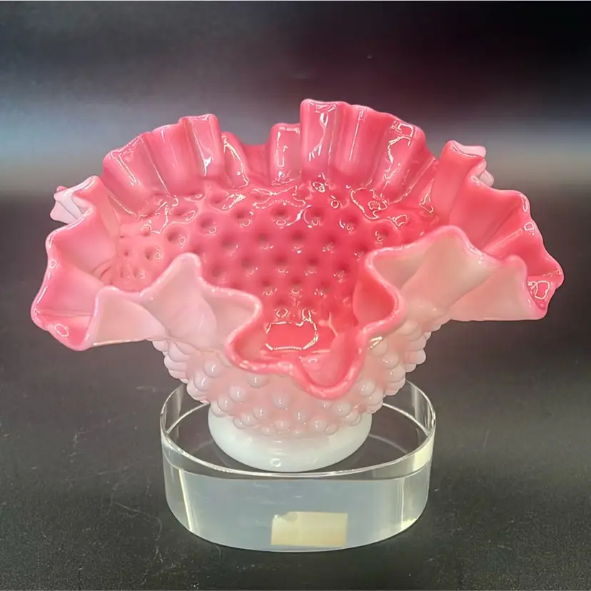 Vintage MCM Fenton Hobnail Peach Blow Double Crimped Bowl