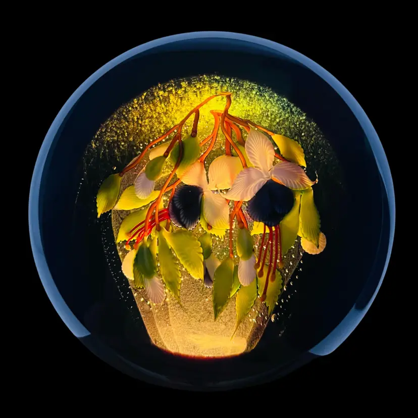 Stuart Abelman 1996 Magnum Magical Lampwork Floral Glowy Paperweight Sculpture Viewing Pane 4.25”x 4.5”