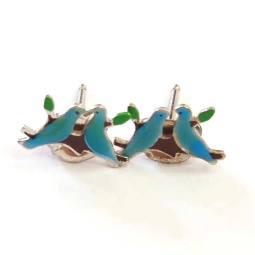 Vintage Sterling Silver Enamel Blue Love Bird Stud Earrings Signed Kent