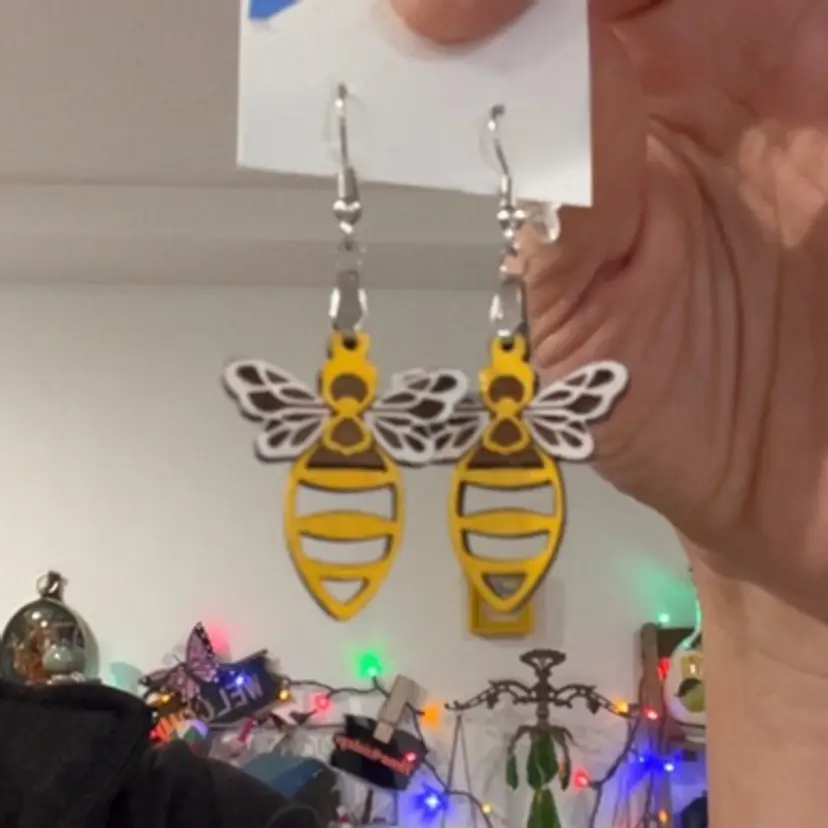 Wooden Dangle Bee Earrings 2.5”