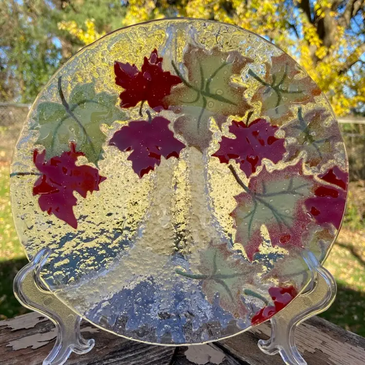Anne C. Ross Fused Glass Plate. Fall Leaf Motif. Artist Signed. 8.5”w.