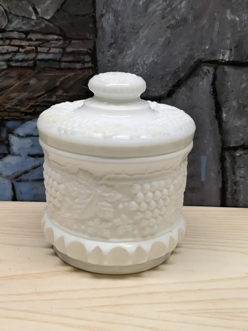 Fenton Art Milk Glass Grape and Cable Lidded Tobacco Jar Humidor Cookie Biscuit Cottagecore