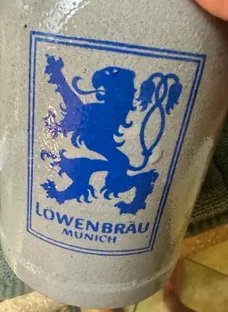 Lowenbrau Stein Mug Made In Germany Ceramic Vintage Beige Blue Logo