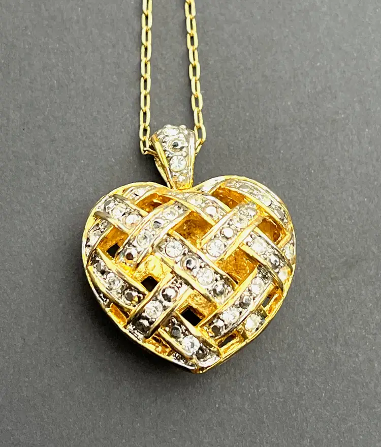 Rhinestone Gold Open Weave Puff Heart Pendant Necklace 22"