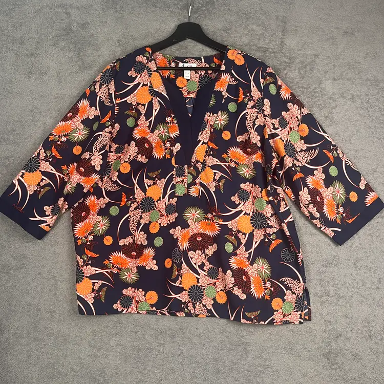 Denim & Company Blouse Womens PTP 23" Size XL Navy Multicolor Floral Boho Resortwear