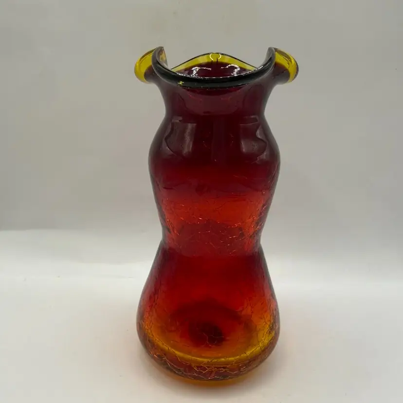 MCM Glowy Amberina Fluted Crackle Glass Hand Blown Vase 6”