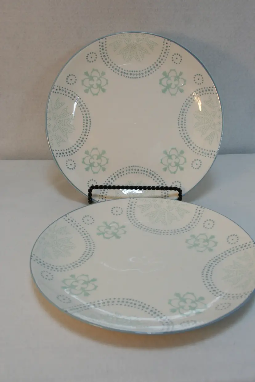 Baum Bros Phara Sky Blue Green Cream Stoneware 10 3/8" Dinner Plates Set of 2