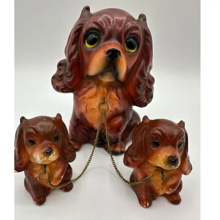 Vintage Cocker Spaniel Momma Dog With 2 Puppies On Chains 